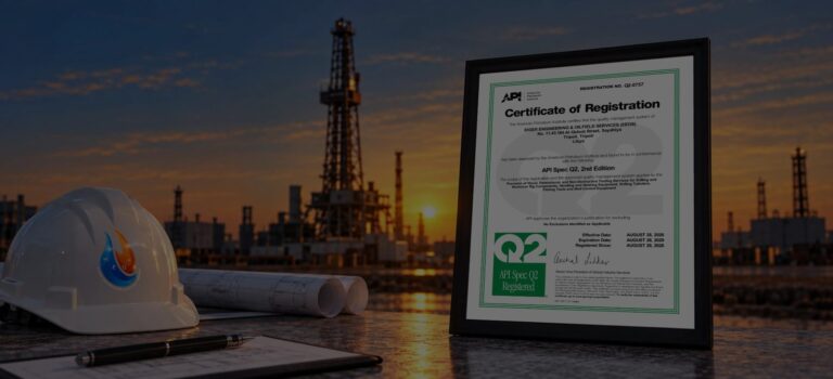 Framed API Spec Q2 Certificate of Registration Q2-0757 for EEOS beside an EEOS hard hat at an oilfield at sunset